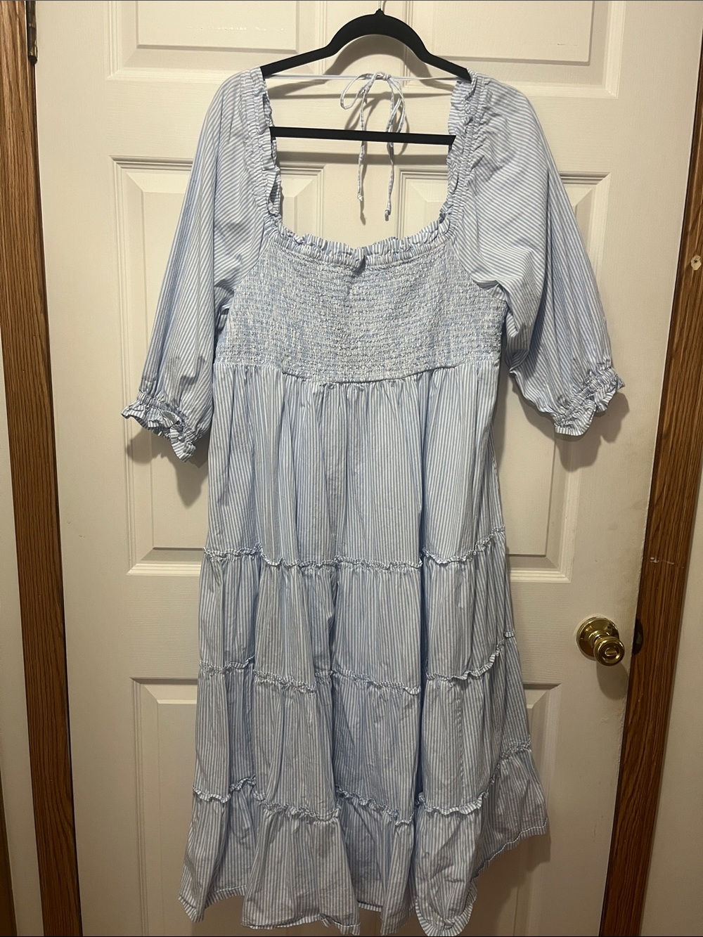 Cotton Light Blue Striped Smocked Tiered Dress